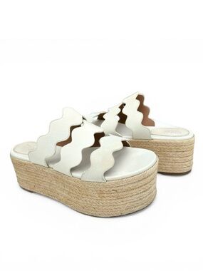 CHLOE Lauren White Sandals Scalloped Leather Suede Platform Sandal Mules Women